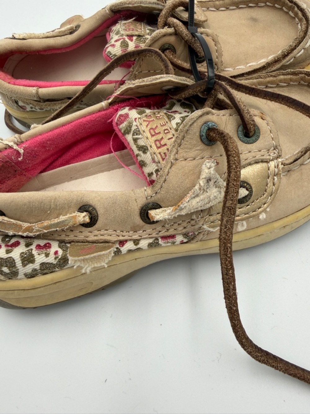Sperry Toddler Girls 10.5 Tan Leopard Cheetah Moccasin Boat Shoes Pink Lining - Picture 2 of 8